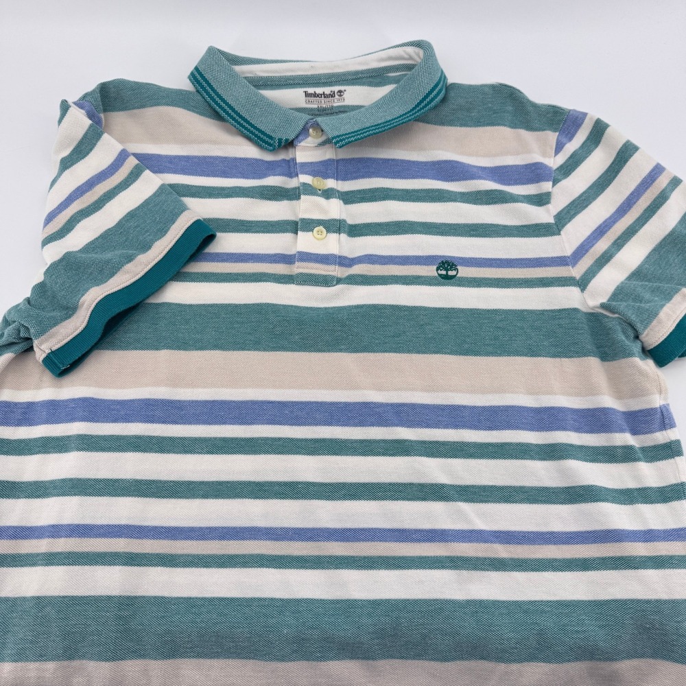 Timberland Polo Shirt Mens L Slim Fit Striped Pique Teal Blue Tan Short Sleeve‎